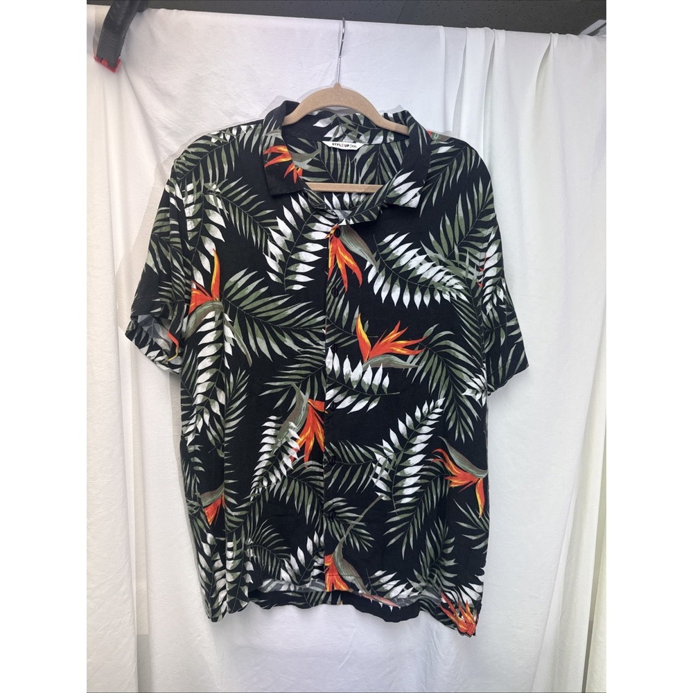 Style Up Hawaiian Kids 2XL (16-18) Black Shirt Tropical Palm Print Button Up